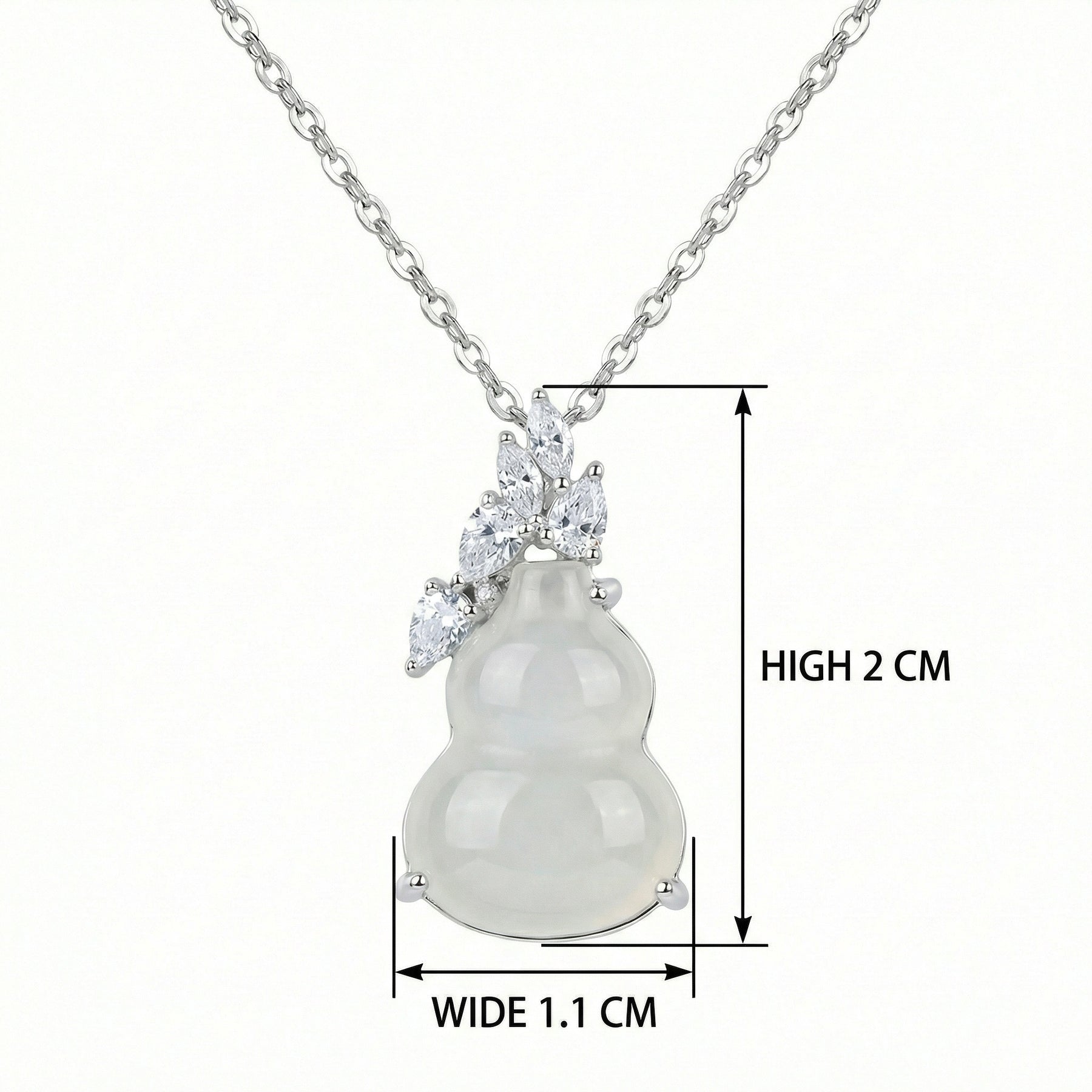 White Jade Gourd Necklace, Diamond Leaves – jade necklace, front view