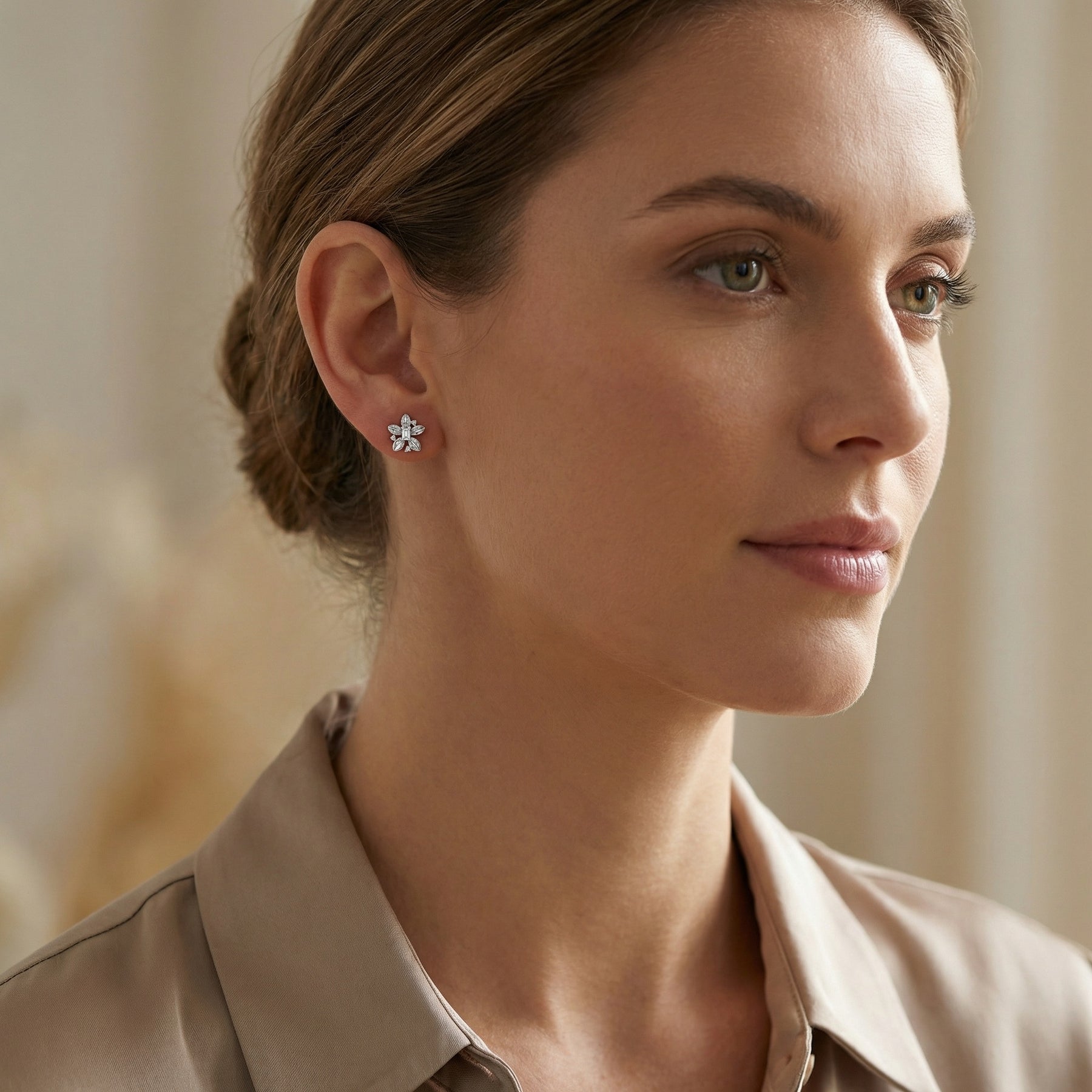 Emerald-Cut Floral Stud Earrings – sterling silver earrings, front view