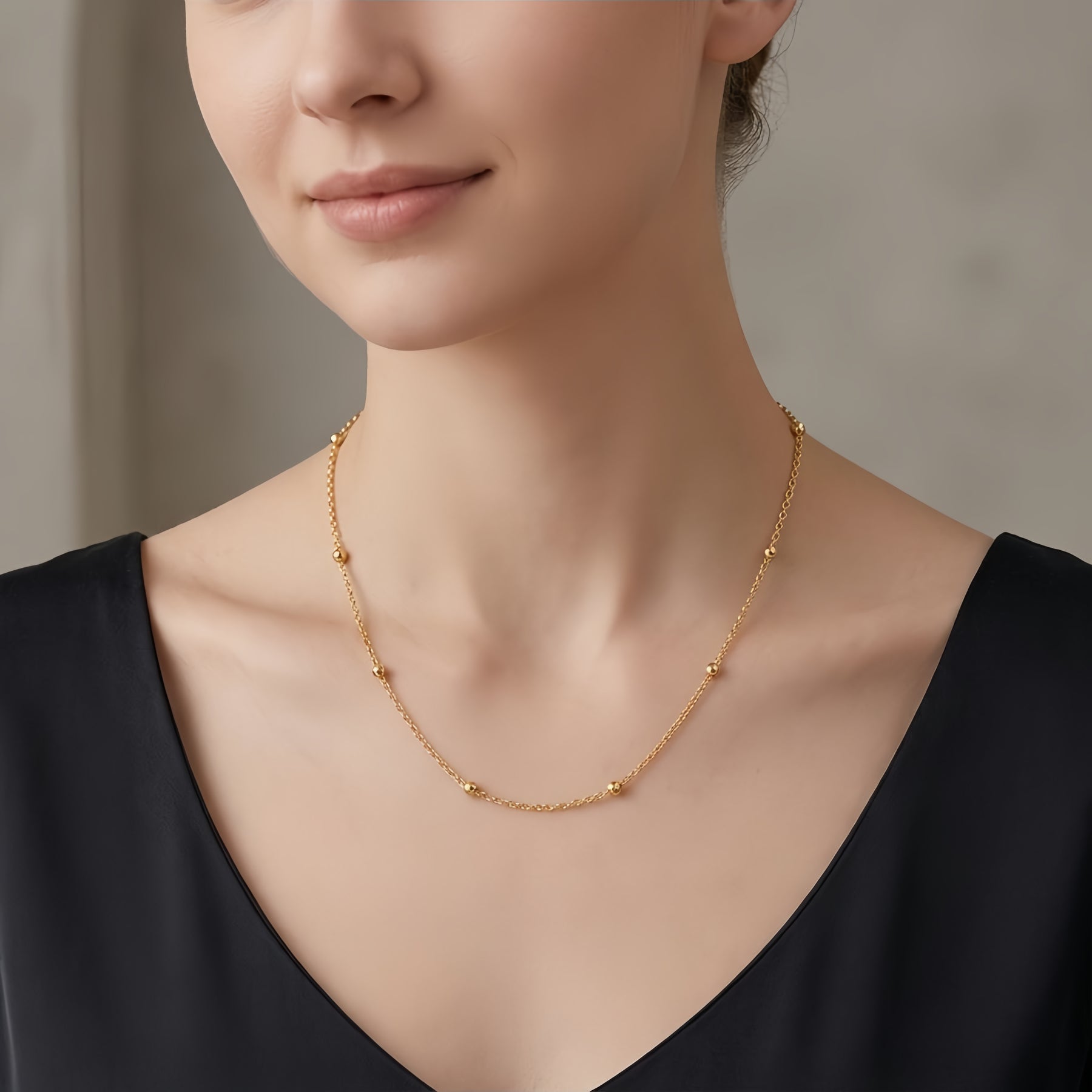 Italian Gold Chain with Bead Accents – gold-plated necklace, front view