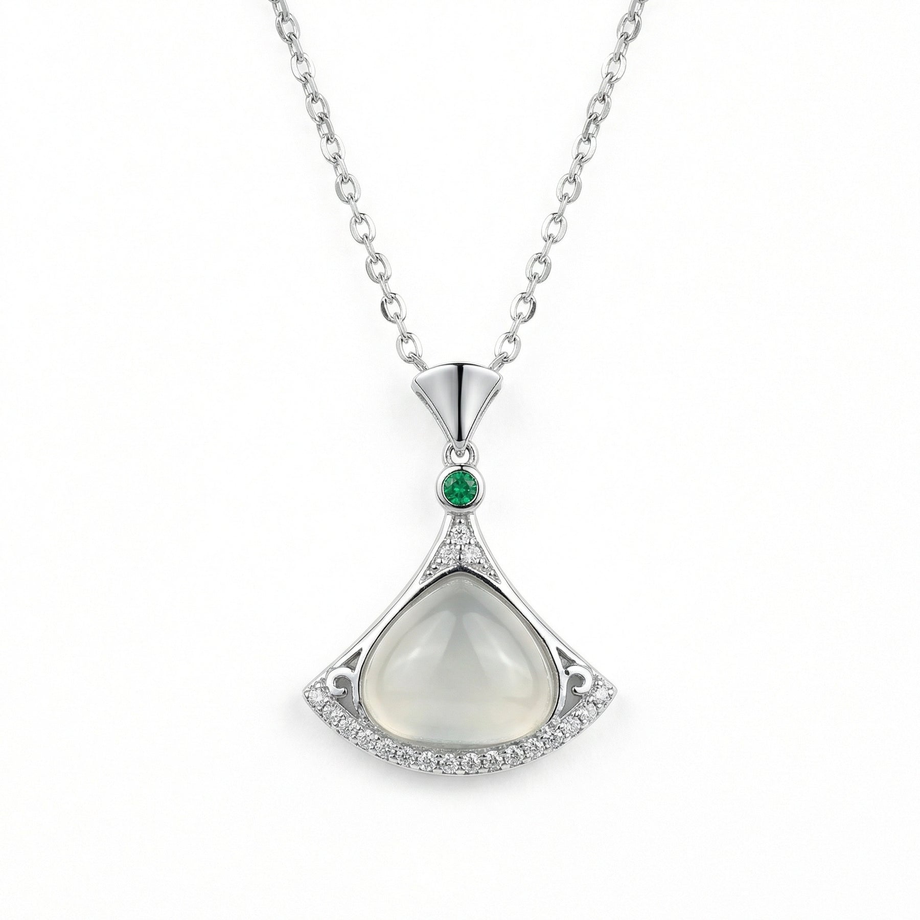 Fan-Shaped Moonstone Emerald Necklace – emerald necklace, front view