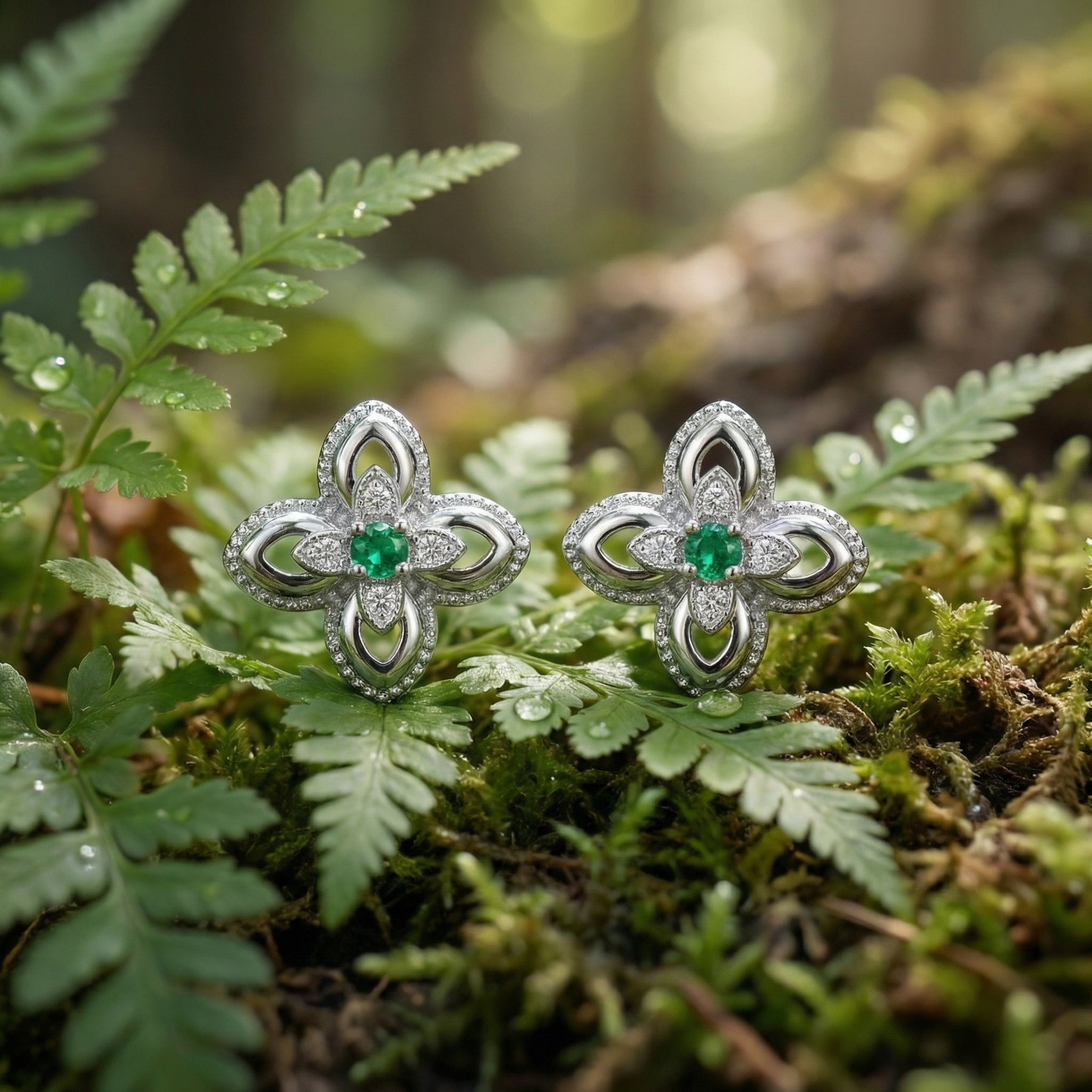 Emerald Floral Studs, Milgrain Detail – emerald earrings, front view