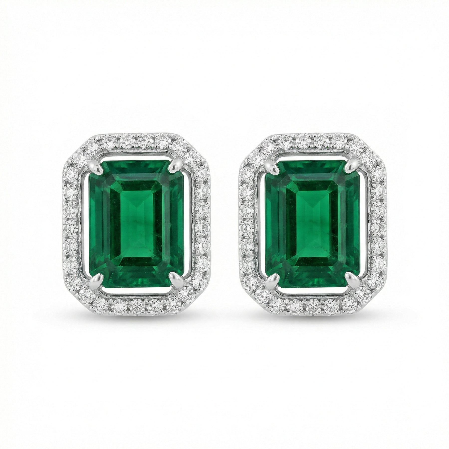 Emerald-Cut Green Halo Earrings – sterling silver earrings, close-up
