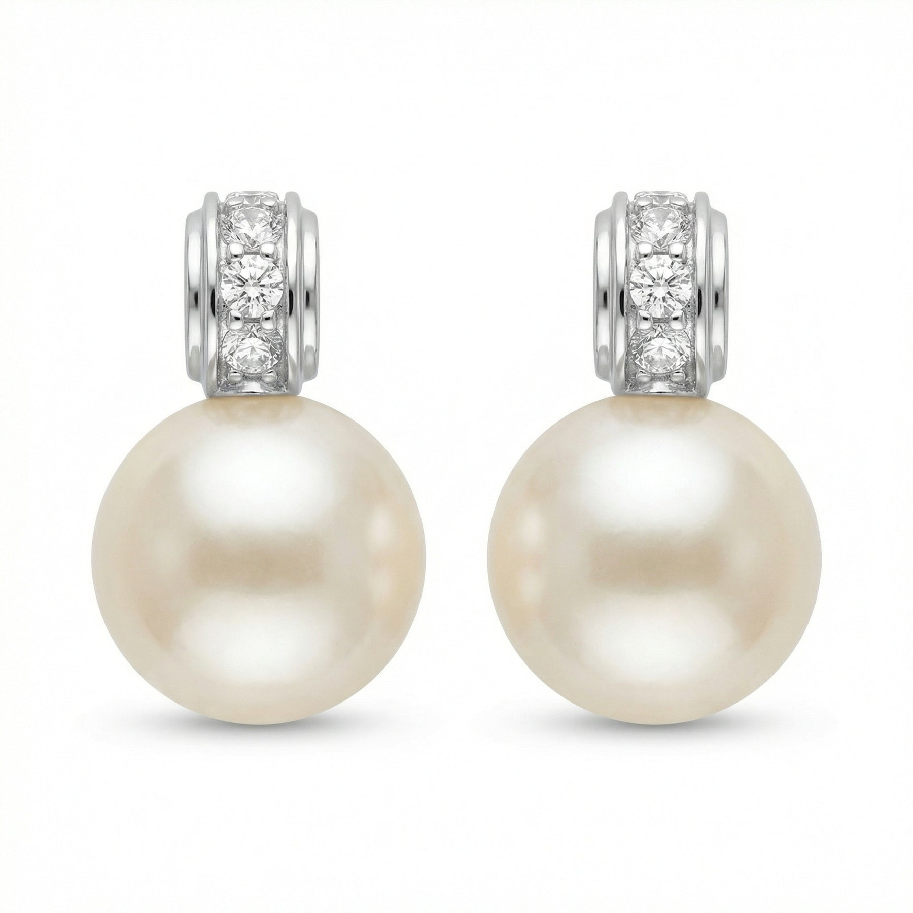 White Pearl Diamond Accent Drops – pearl earrings, front view