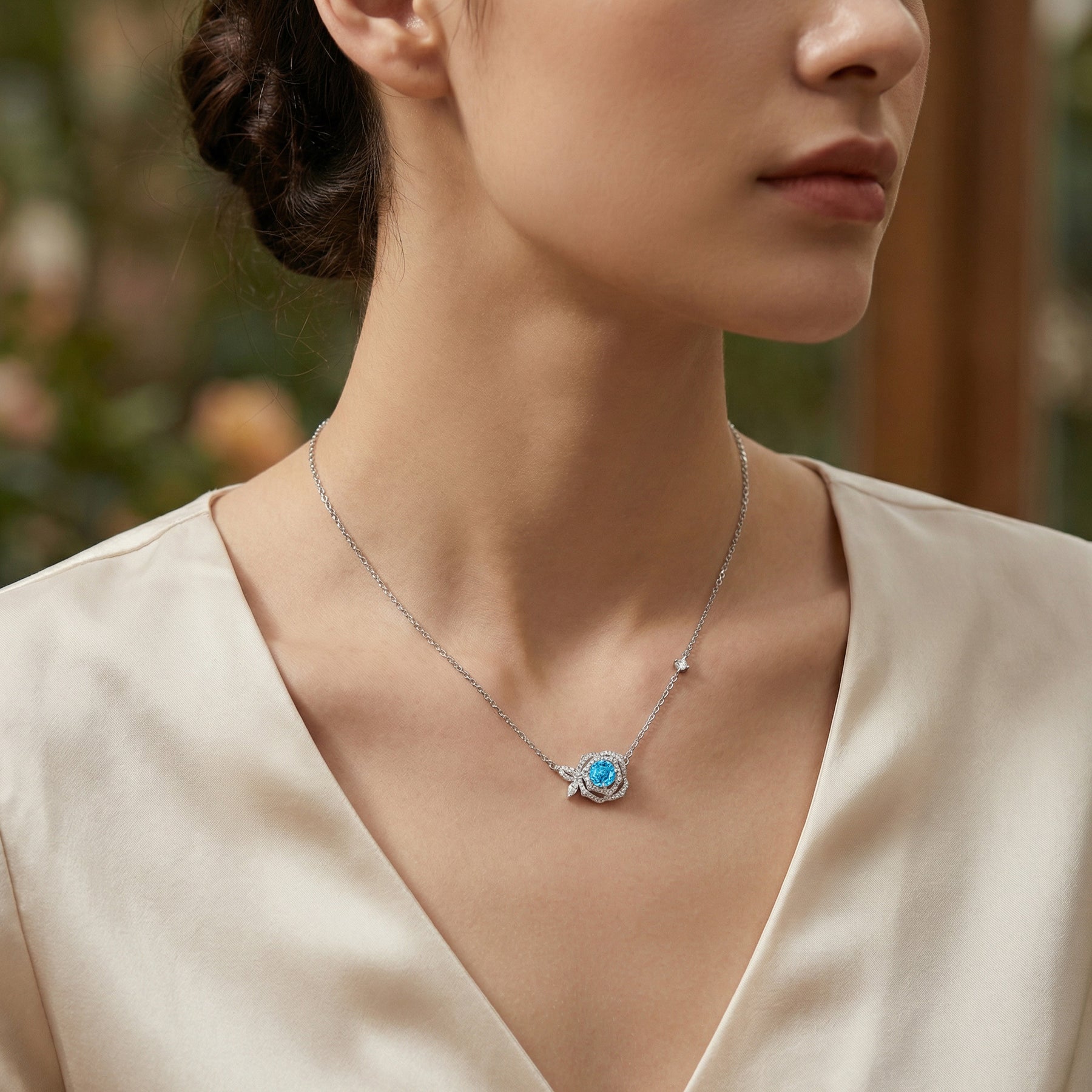 Rose-Inspired Blue Gemstone Necklace – sterling silver necklace, front view