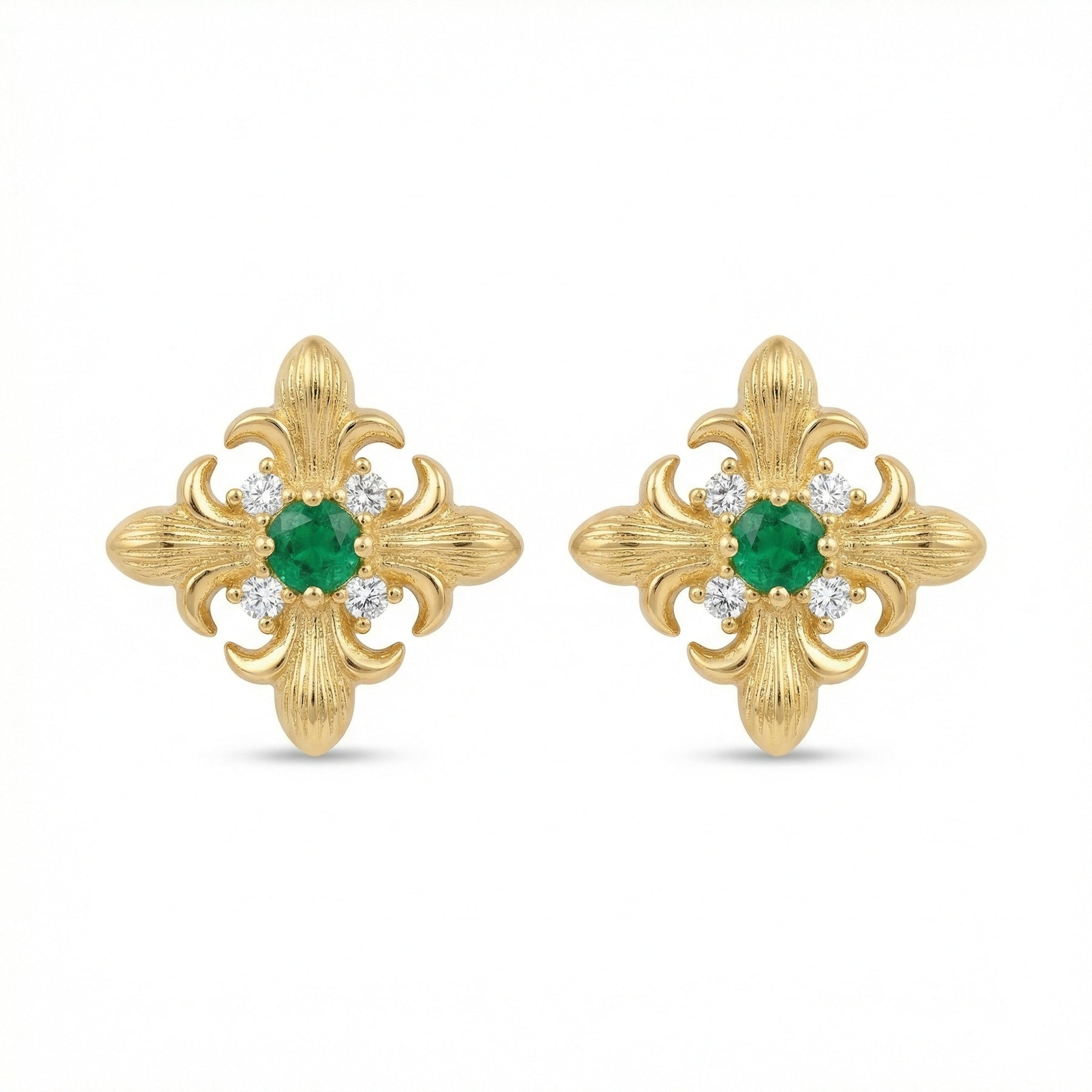 Fleur-de-lis Emerald Stud Earrings – emerald earrings, close-up