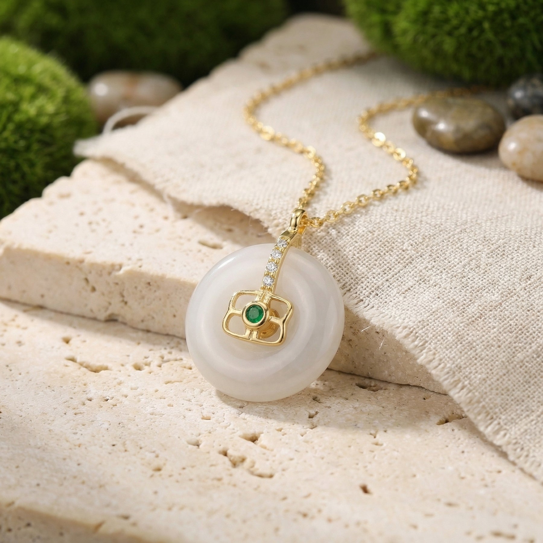 White Jade Circle Necklace, Emerald Accent – jade necklace, side detail