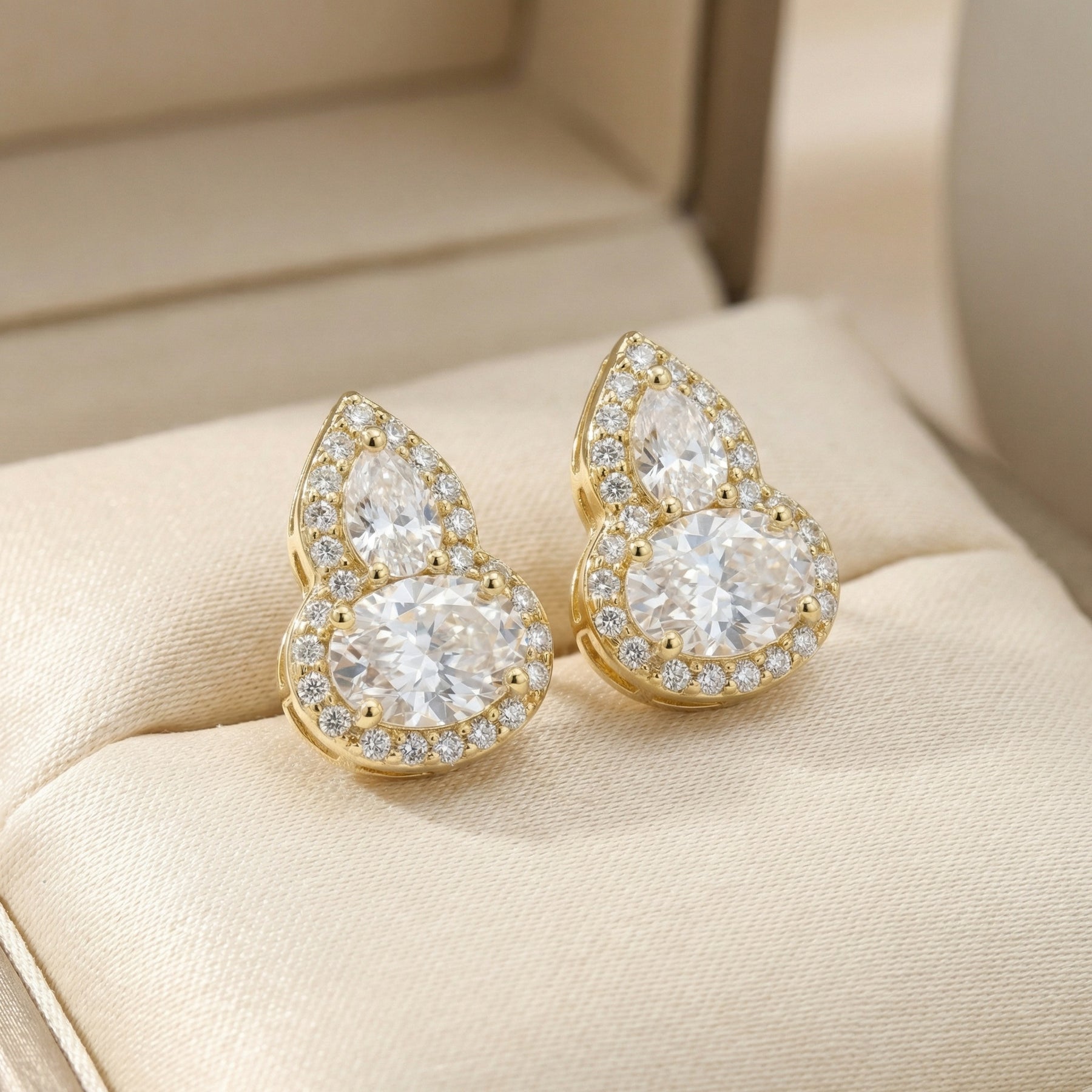 Pear and Oval Moissanite Halo Studs – moissanite earrings, front view