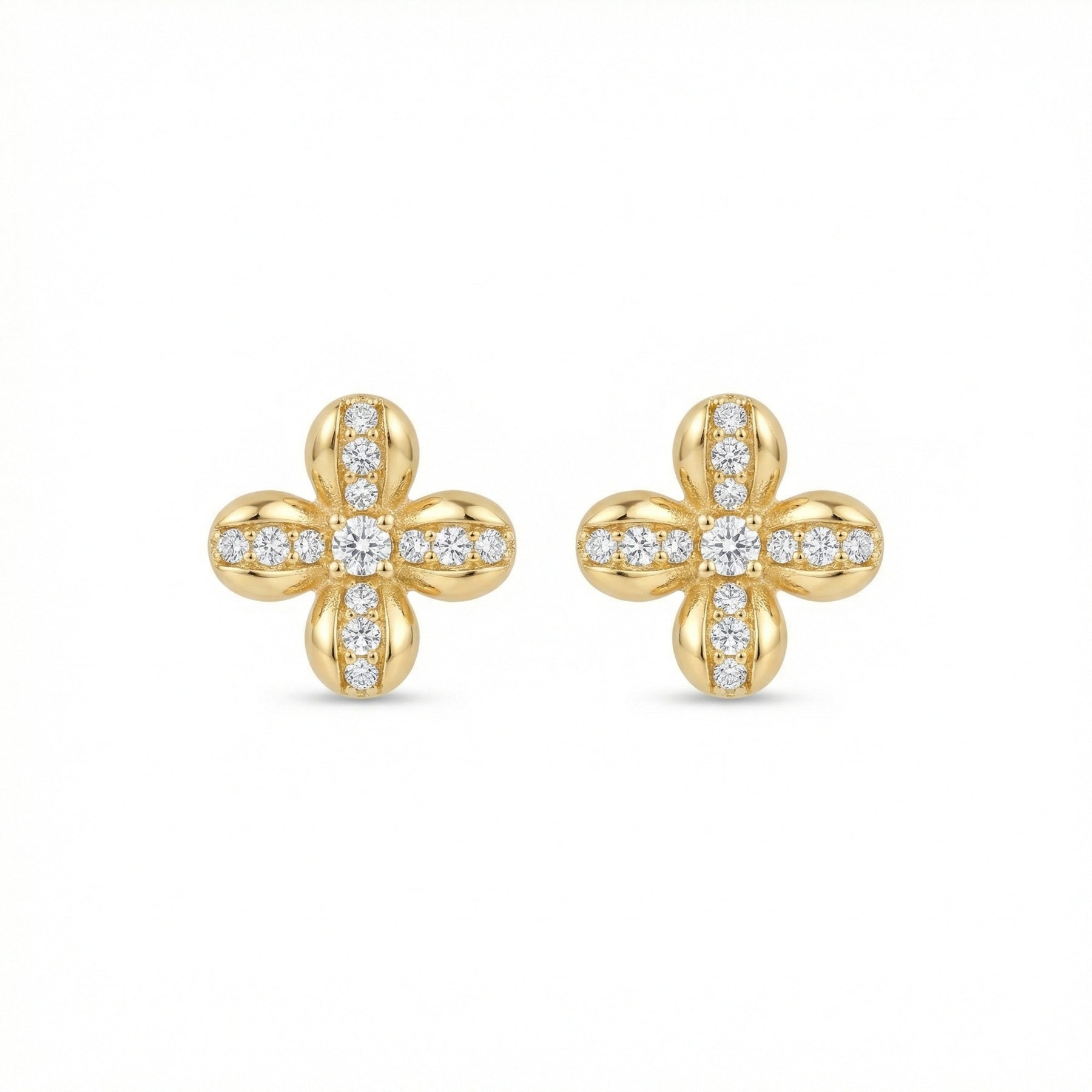 Four-Petal Floral Diamond Studs – sterling silver earrings, side detail