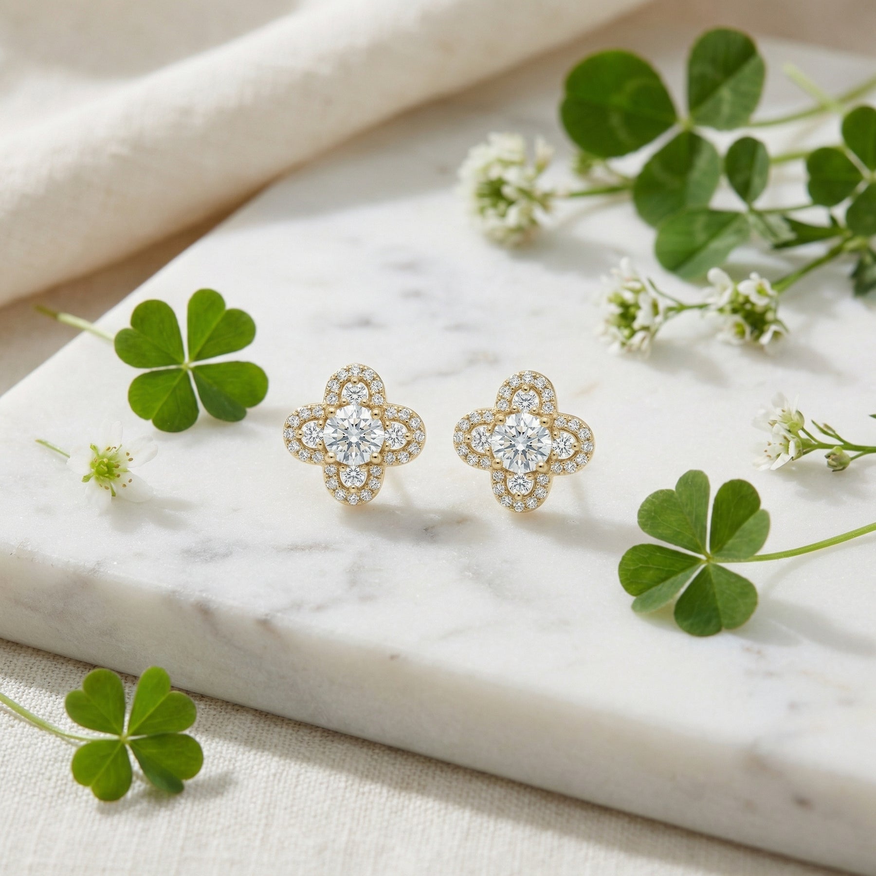 Quatrefoil Diamond Halo Stud Earrings – sterling silver earrings, side detail