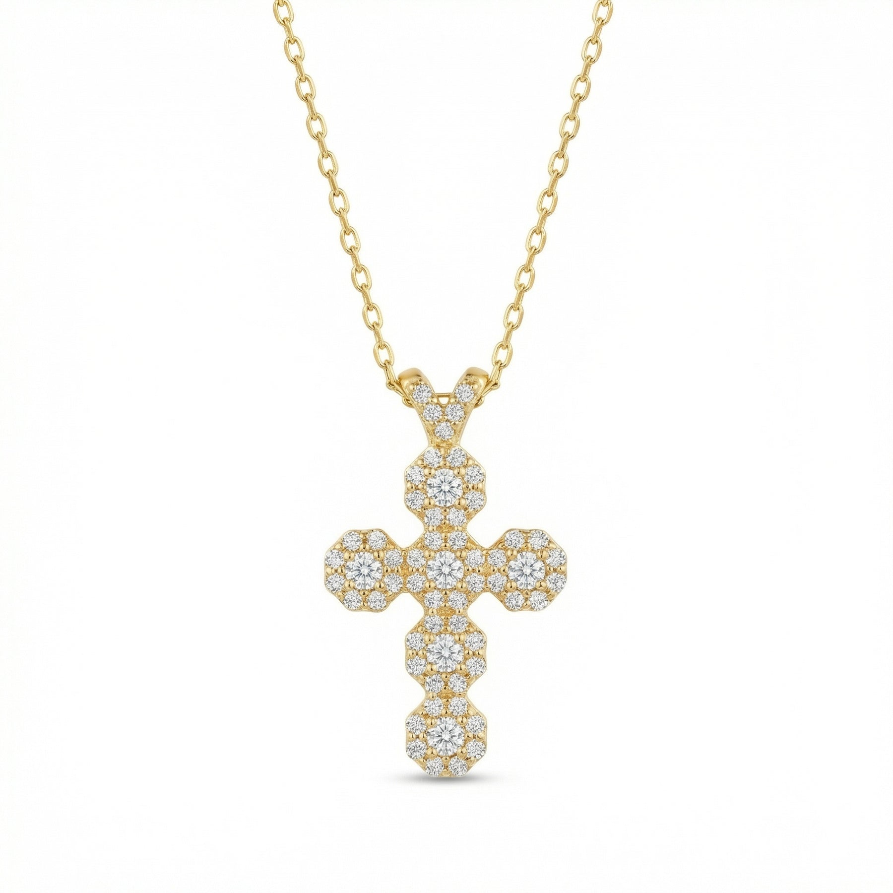 Diamond Cluster Cross Pendant Necklace – sterling silver necklace, close-up