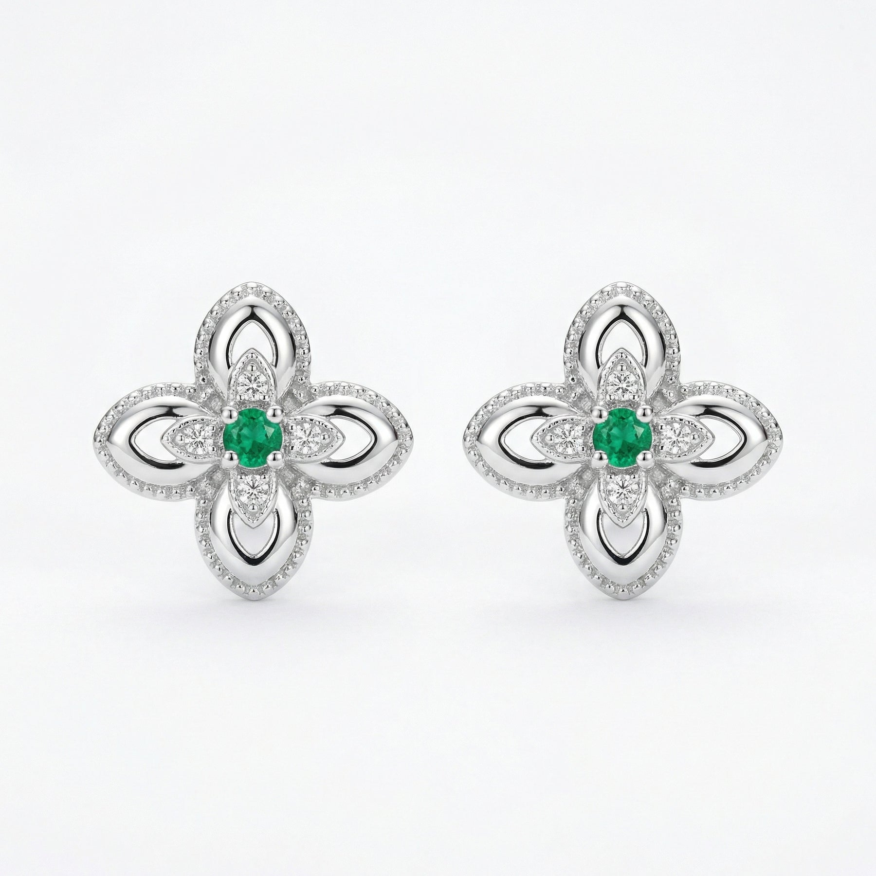 Emerald Floral Studs, Milgrain Detail – emerald earrings