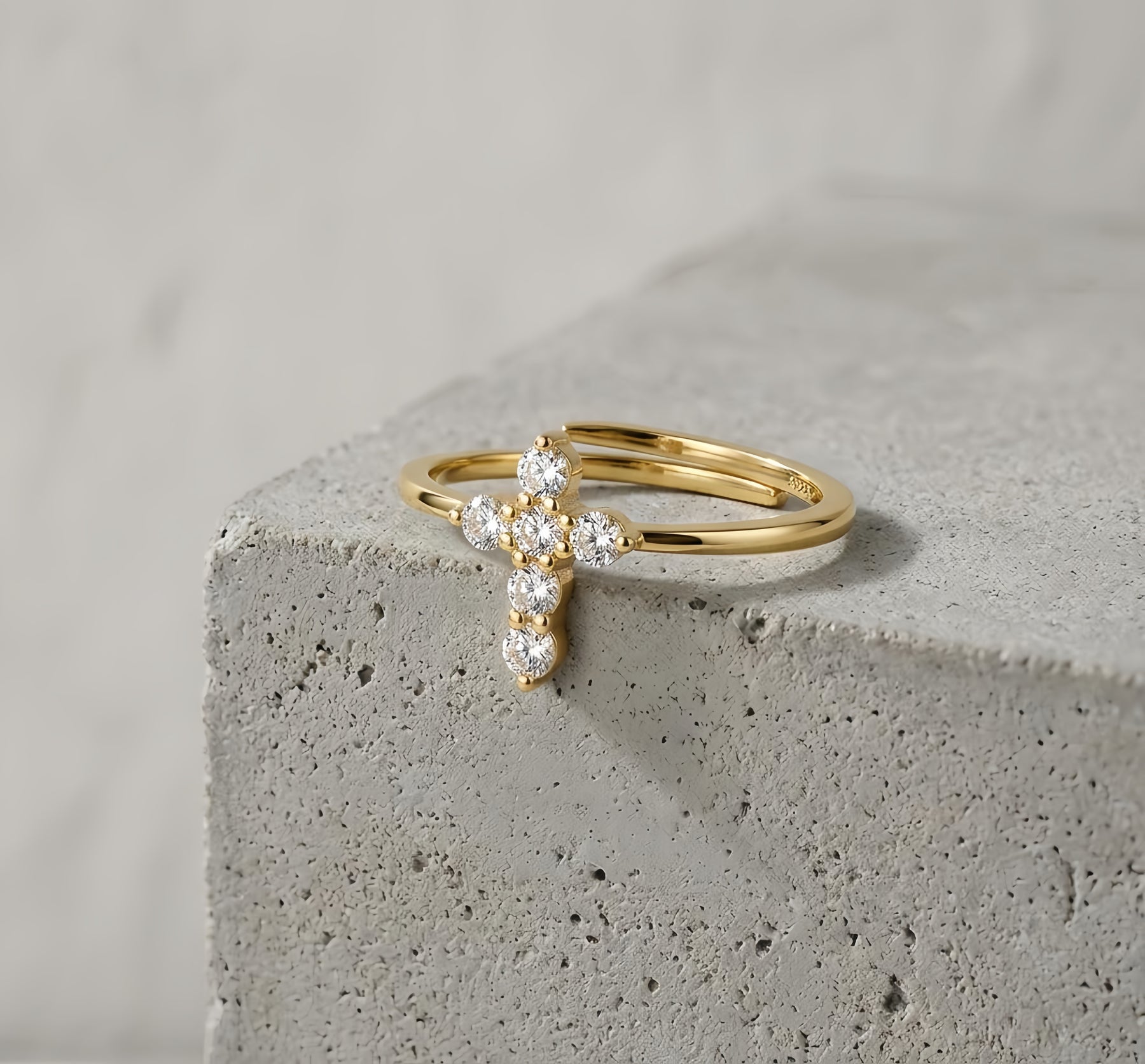 Gold Cross Ring with CZ Accents – zircon ring, side detail