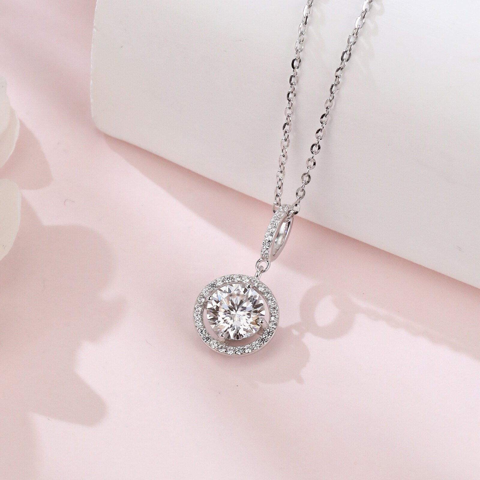 Moissanite Halo Solitaire Necklace – moissanite necklace, close-up