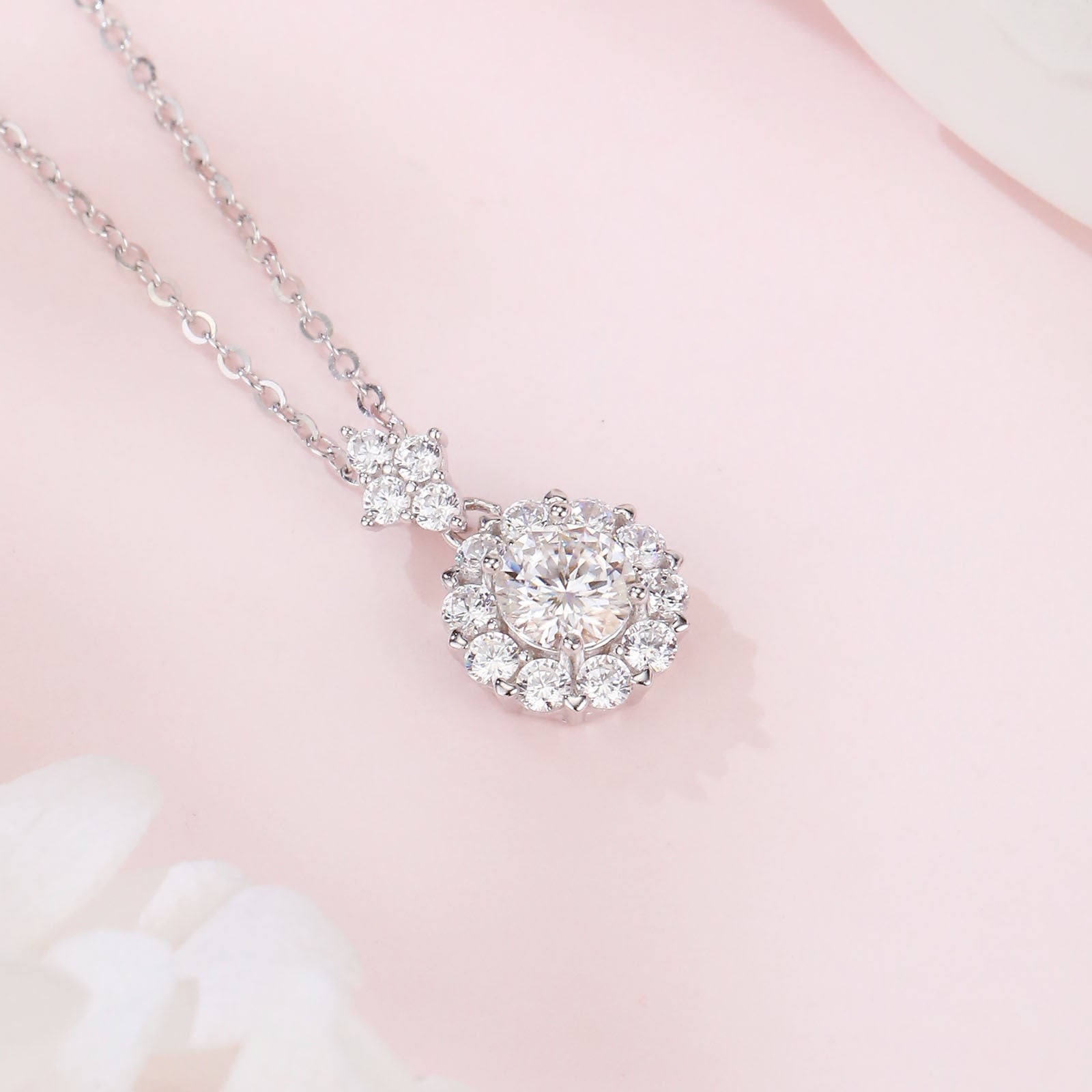 Round Moissanite Halo Necklace – moissanite necklace, close-up