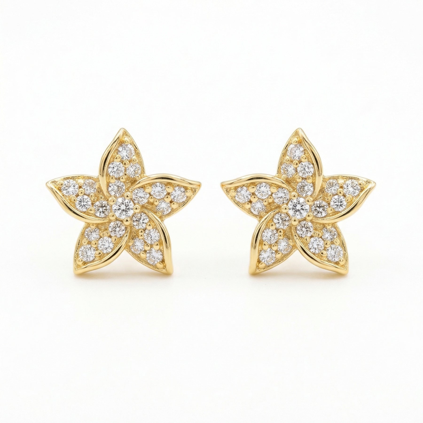 Five-Petal Floral Diamond Studs – sterling silver earrings, front view