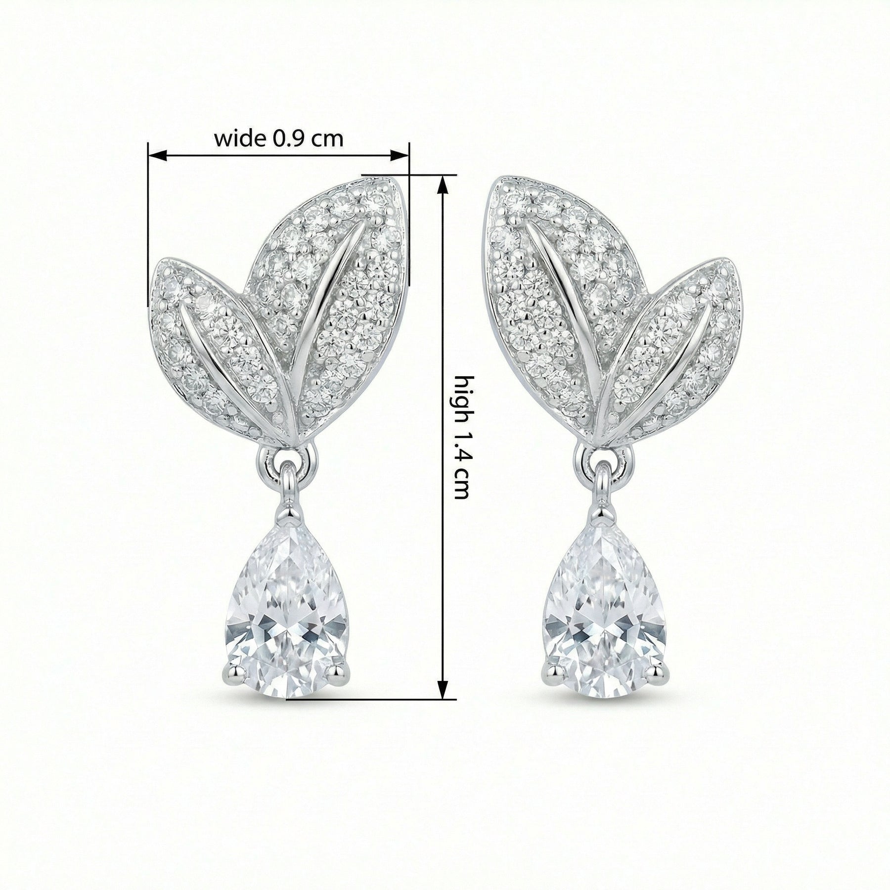 Pear-Cut Diamond Leaf Drop Earrings – sterling silver earrings, close-up
