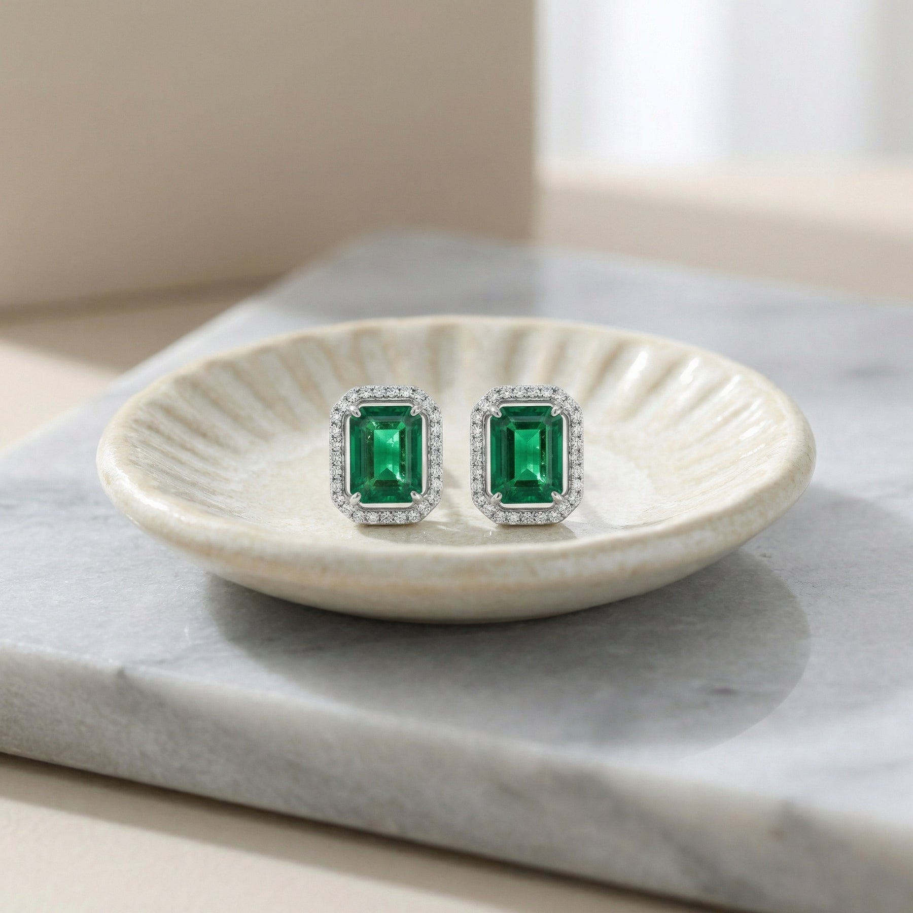 Emerald-Cut Green Halo Earrings – sterling silver earrings, side detail