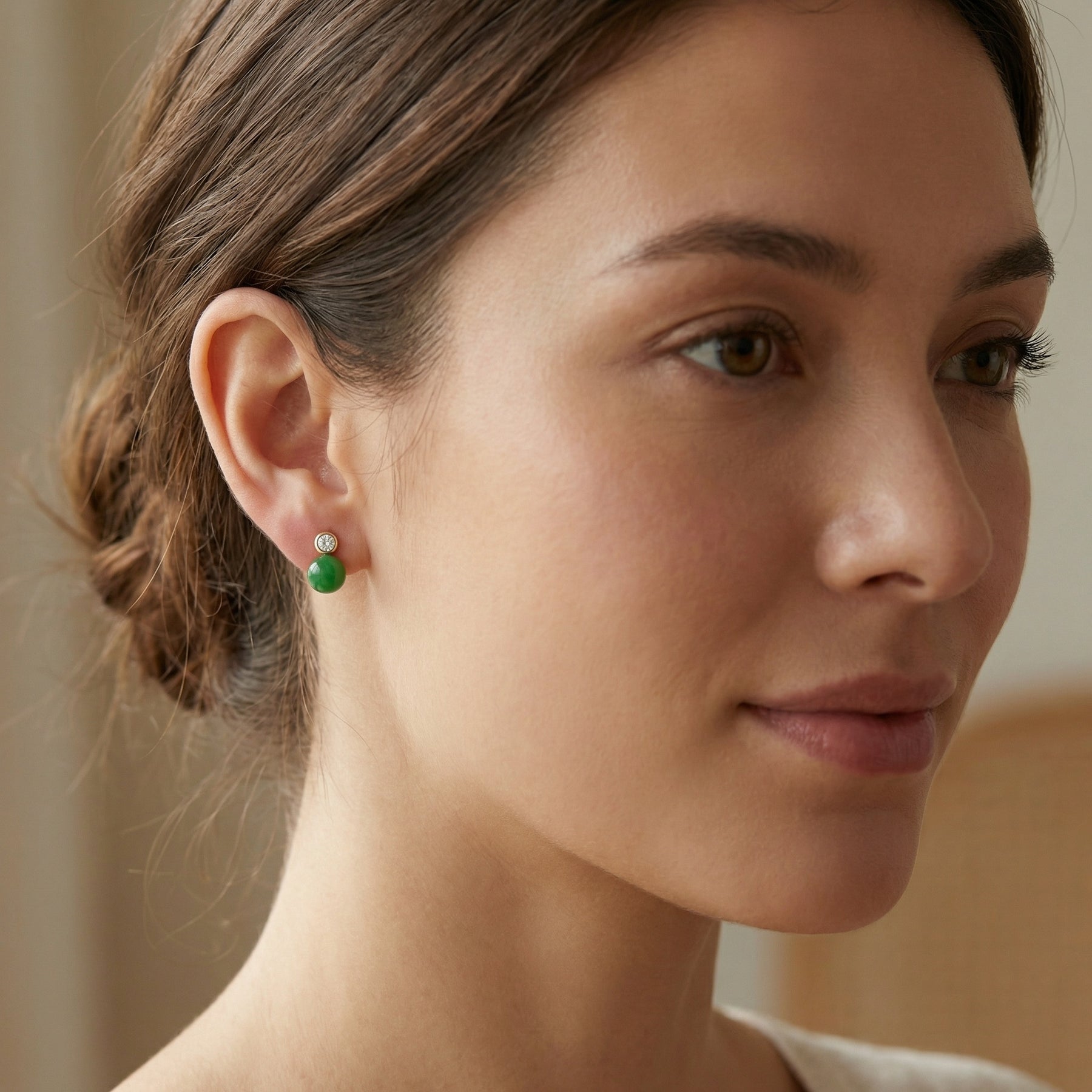 Green Jade Sphere Diamond Accent Studs – jade earrings, side detail