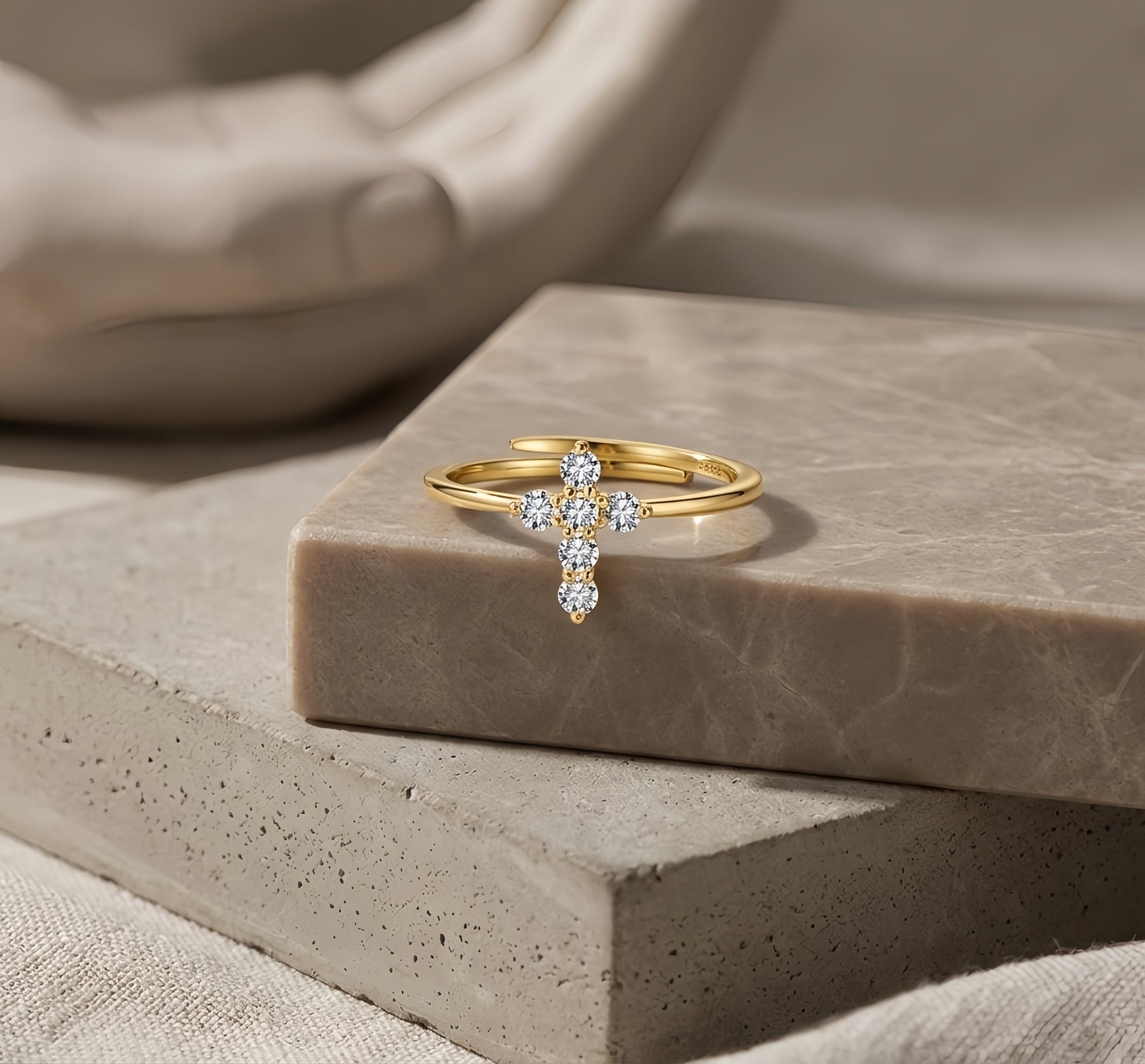 Gold Cross Ring with CZ Accents – zircon ring, close-up