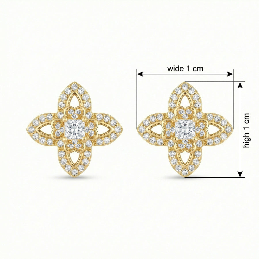 Quatrefoil CZ Princess-Cut Studs – zircon earrings, front view