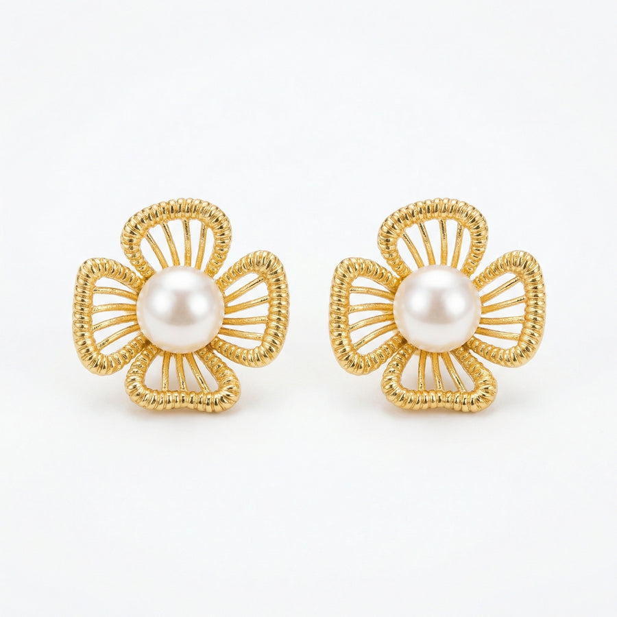 Floral Pearl Studs, Ribbed Petals – pearl earrings, front view