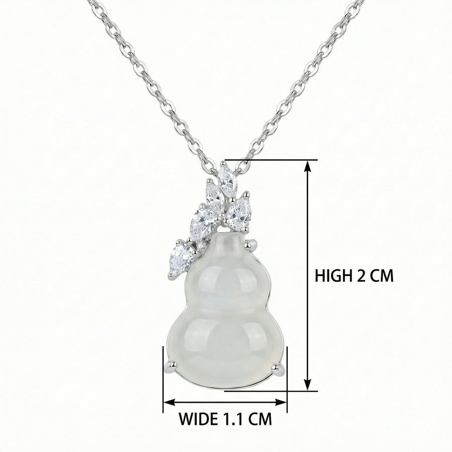 White Jade Gourd Necklace, Diamond Leaves – jade necklace, front view