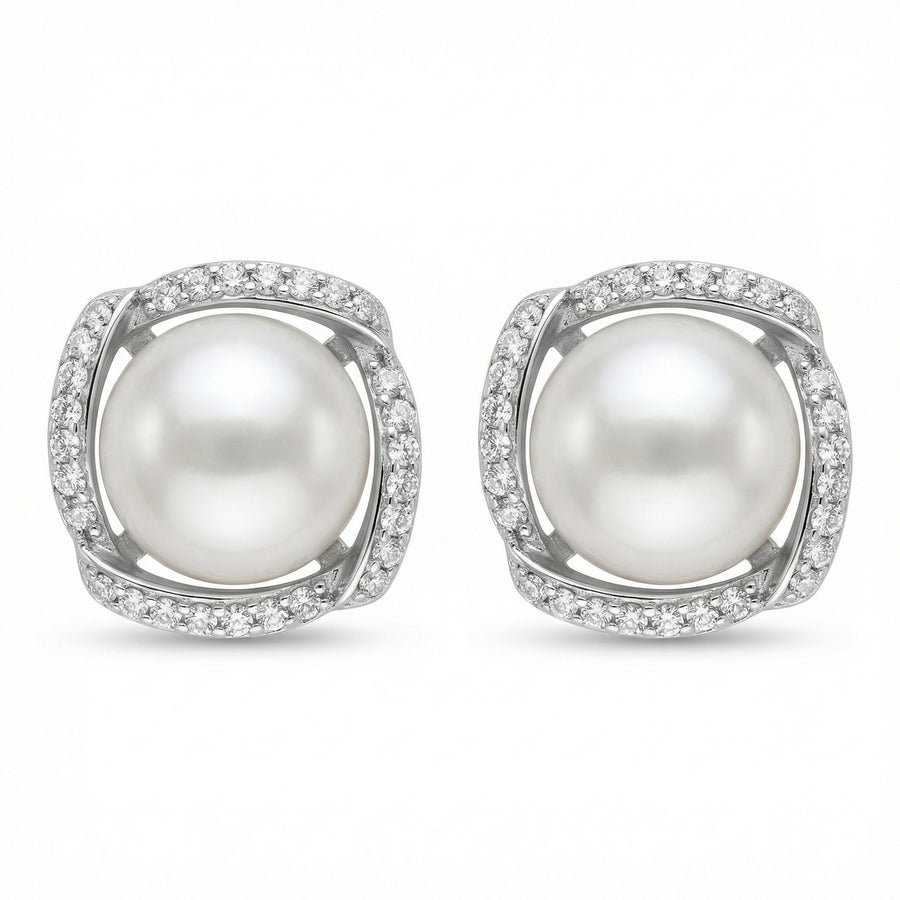 Pearl Studs with Pavé Accent Halo – pearl earrings, front view