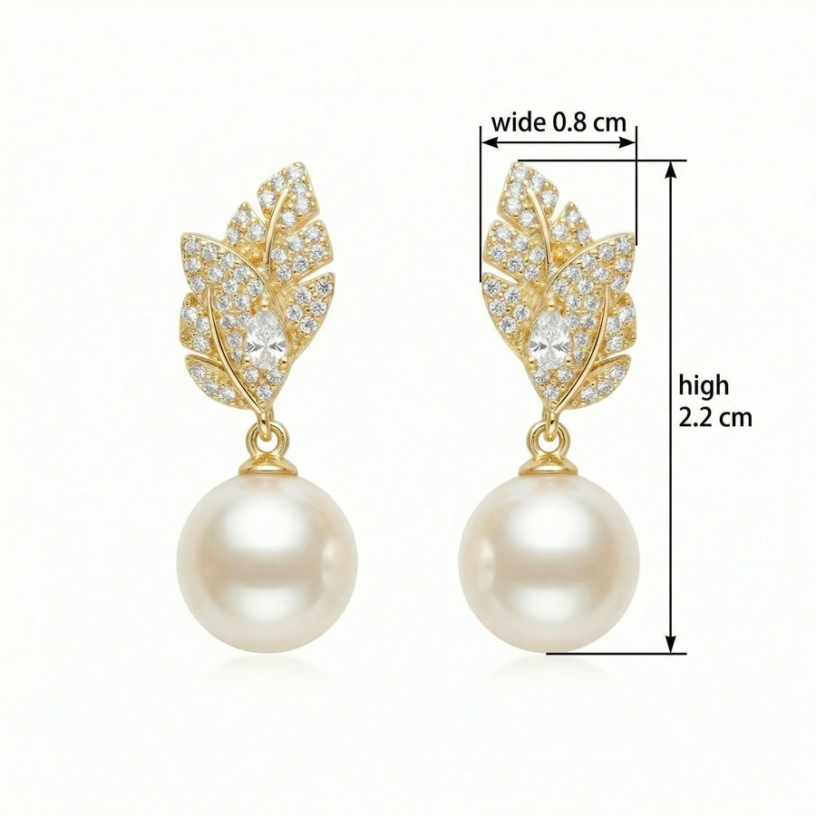 Leaf Motif Pearl Drop Earrings – pearl earrings, front view