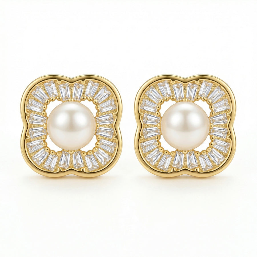 Pearl Studs, Baguette Quatrefoil Halo – pearl earrings