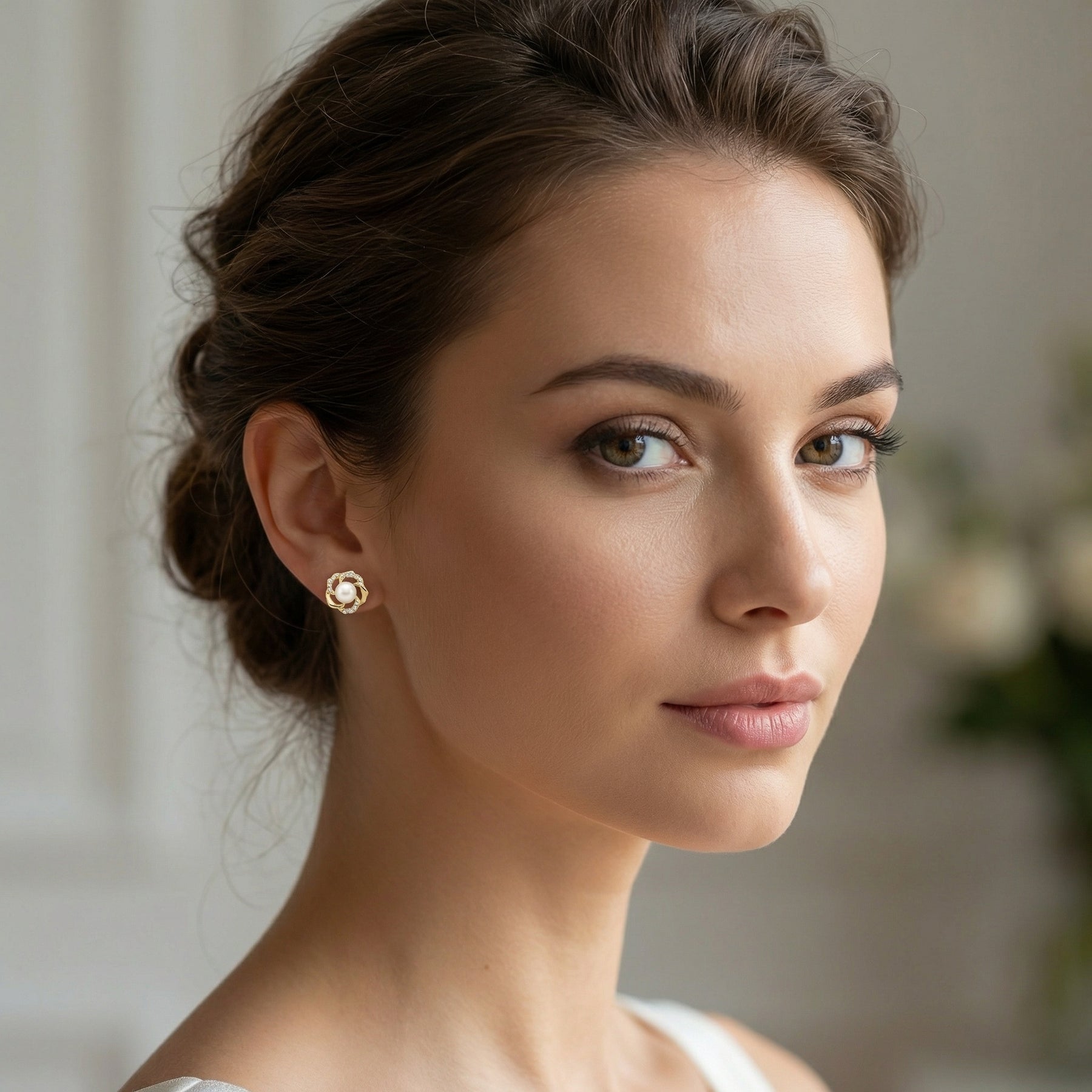 Floral Pearl Diamond Accent Studs – pearl earrings, front view