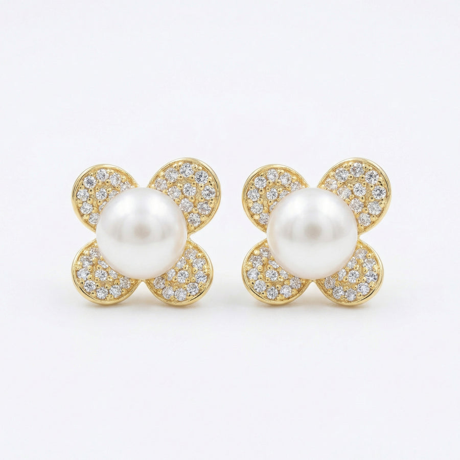 Pearl and CZ Floral Petal Studs – pearl earrings, front view
