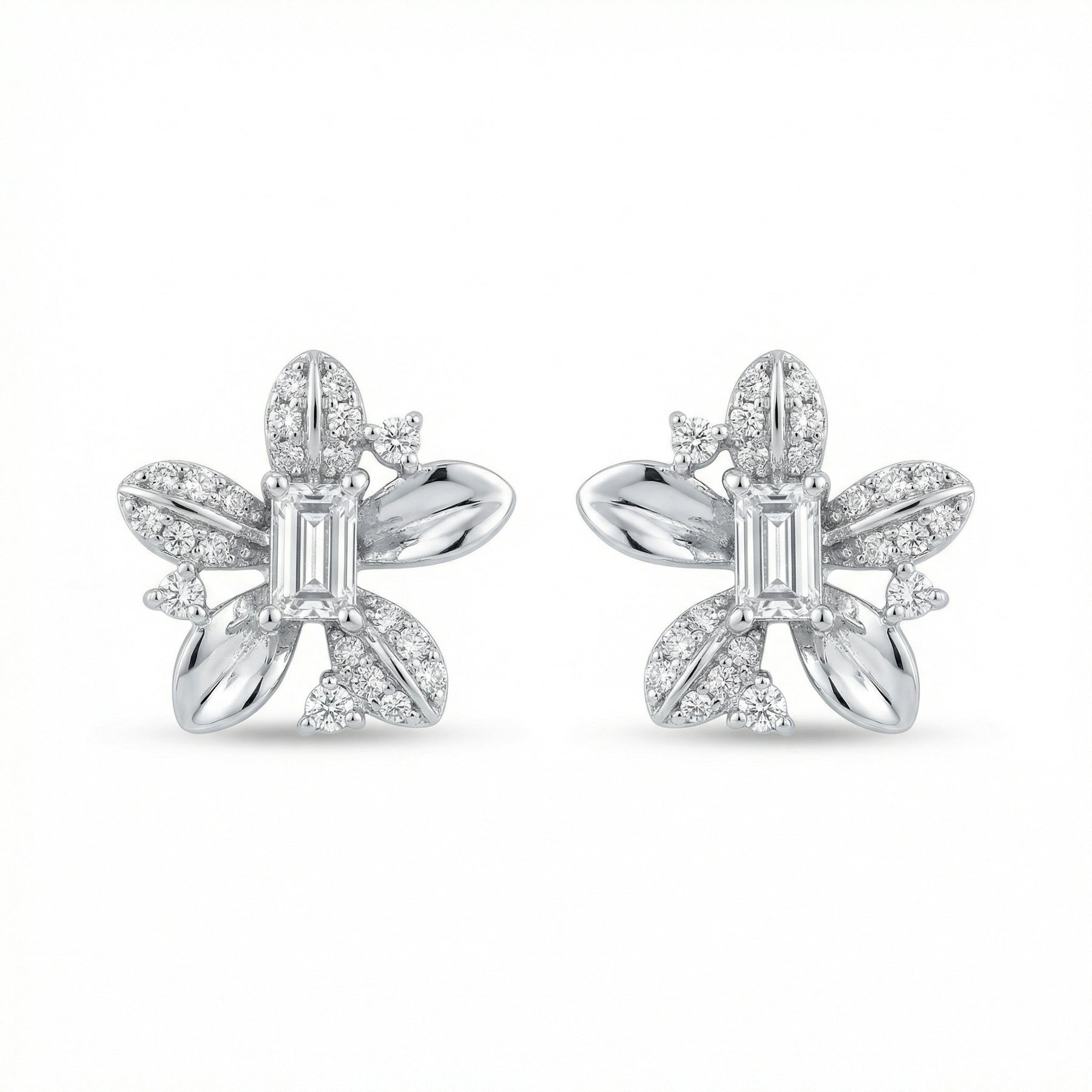 Emerald-Cut Floral Stud Earrings – sterling silver earrings, close-up