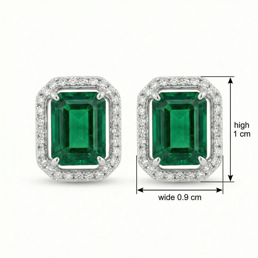 Emerald-Cut Green Halo Earrings – sterling silver earrings, front view