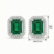 Emerald-Cut Green Halo Earrings – sterling silver earrings, front view
