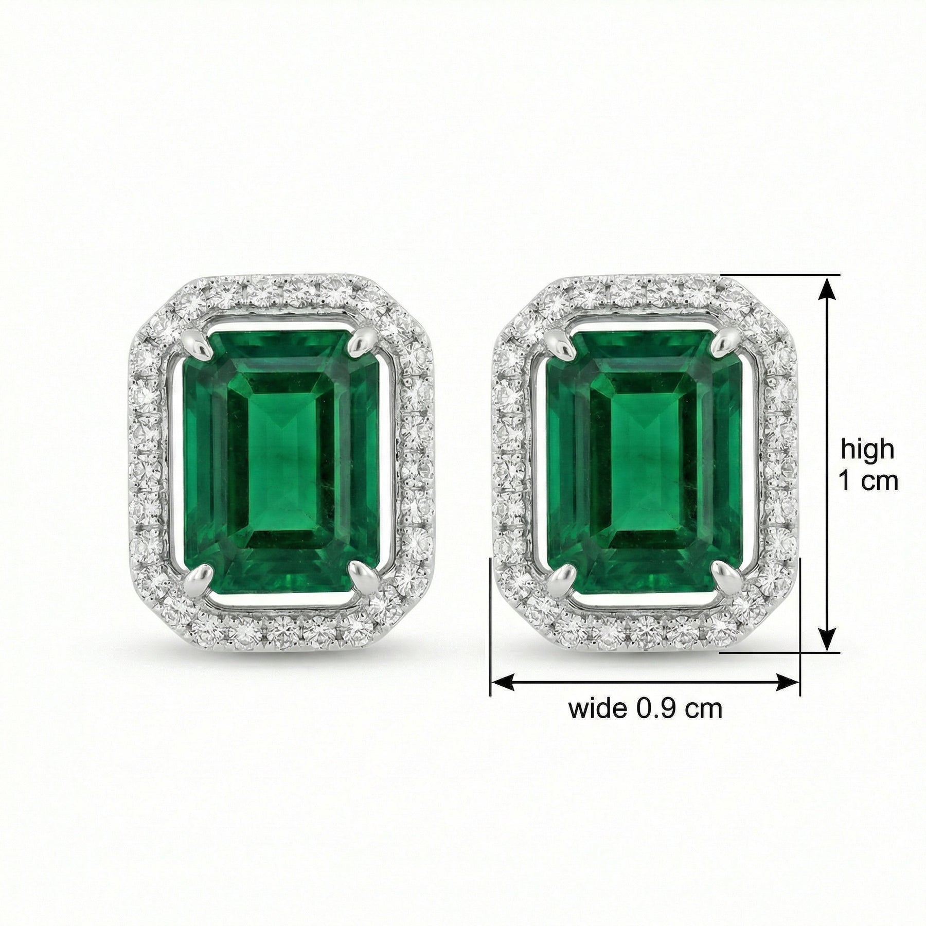 Emerald-Cut Green Halo Earrings – sterling silver earrings, front view