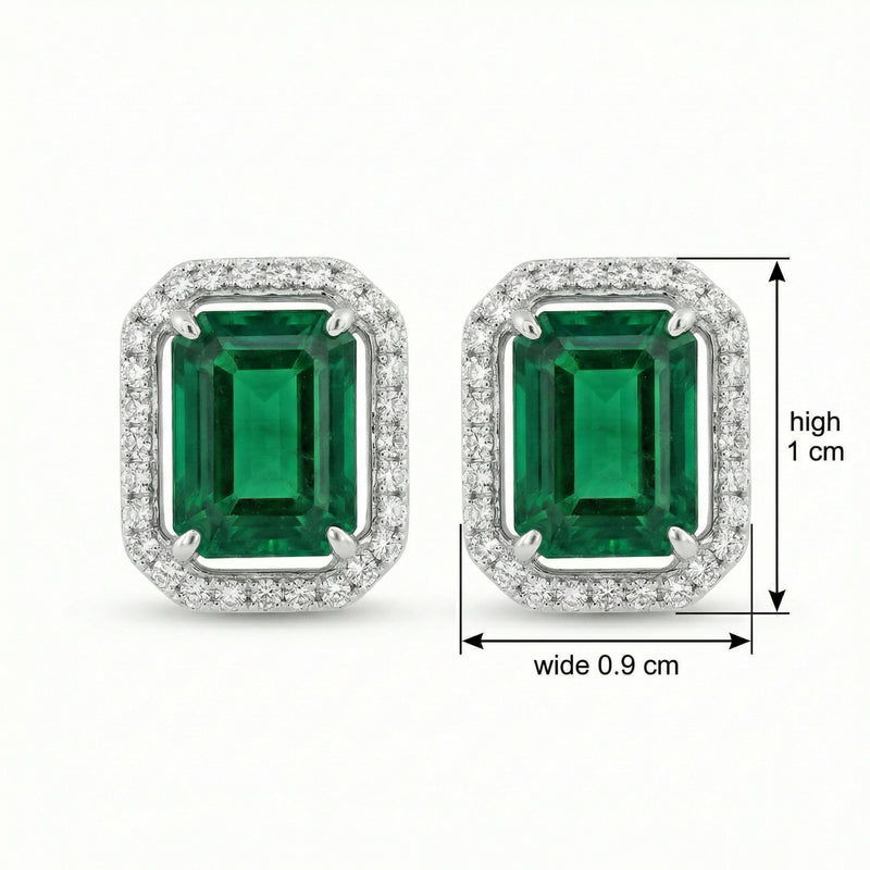 Emerald-Cut Green Halo Earrings – sterling silver earrings, front view