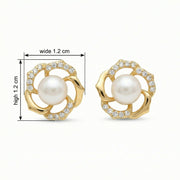 Floral Pearl Diamond Accent Studs – pearl earrings, close-up