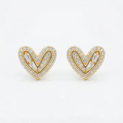 Diamond Heart Studs, Baguette Accents – sterling silver earrings, close-up