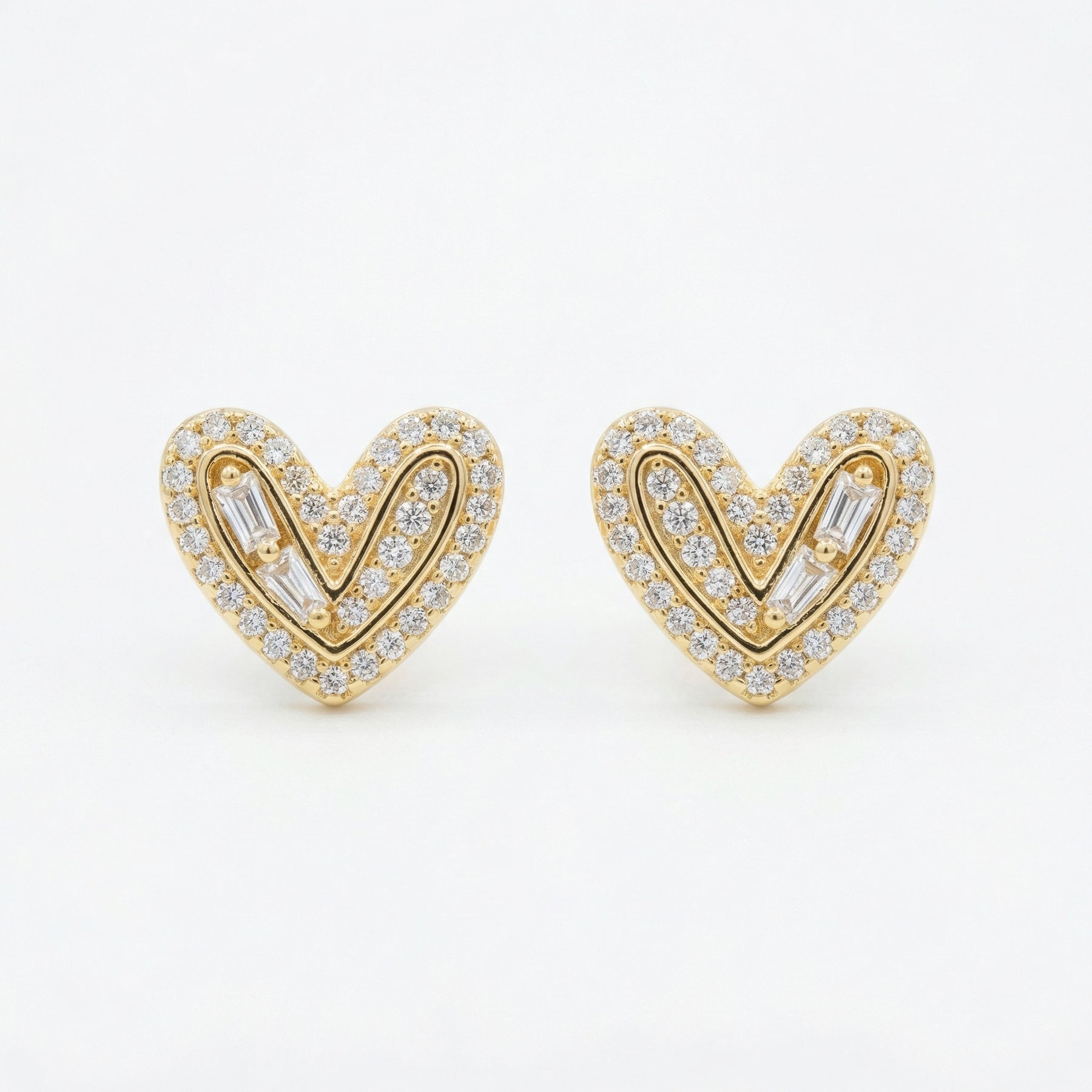 Diamond Heart Studs, Baguette Accents – sterling silver earrings, close-up