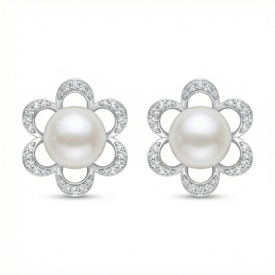 Silver Flower Pearl Stud Earrings – pearl earrings, front view