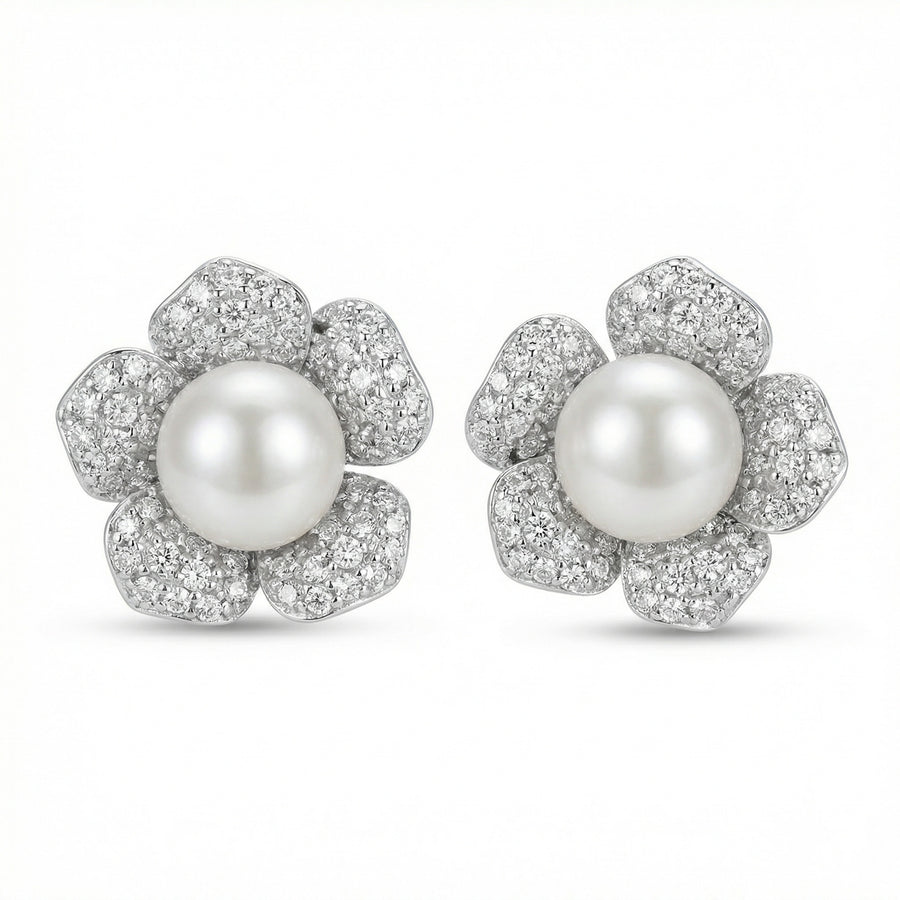 Floral Pearl Studs, Baguette Accents – pearl earrings