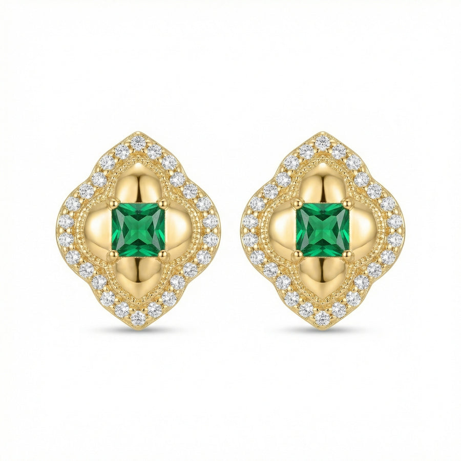 Quatrefoil Green Stone Stud Earrings – sterling silver earrings, front view