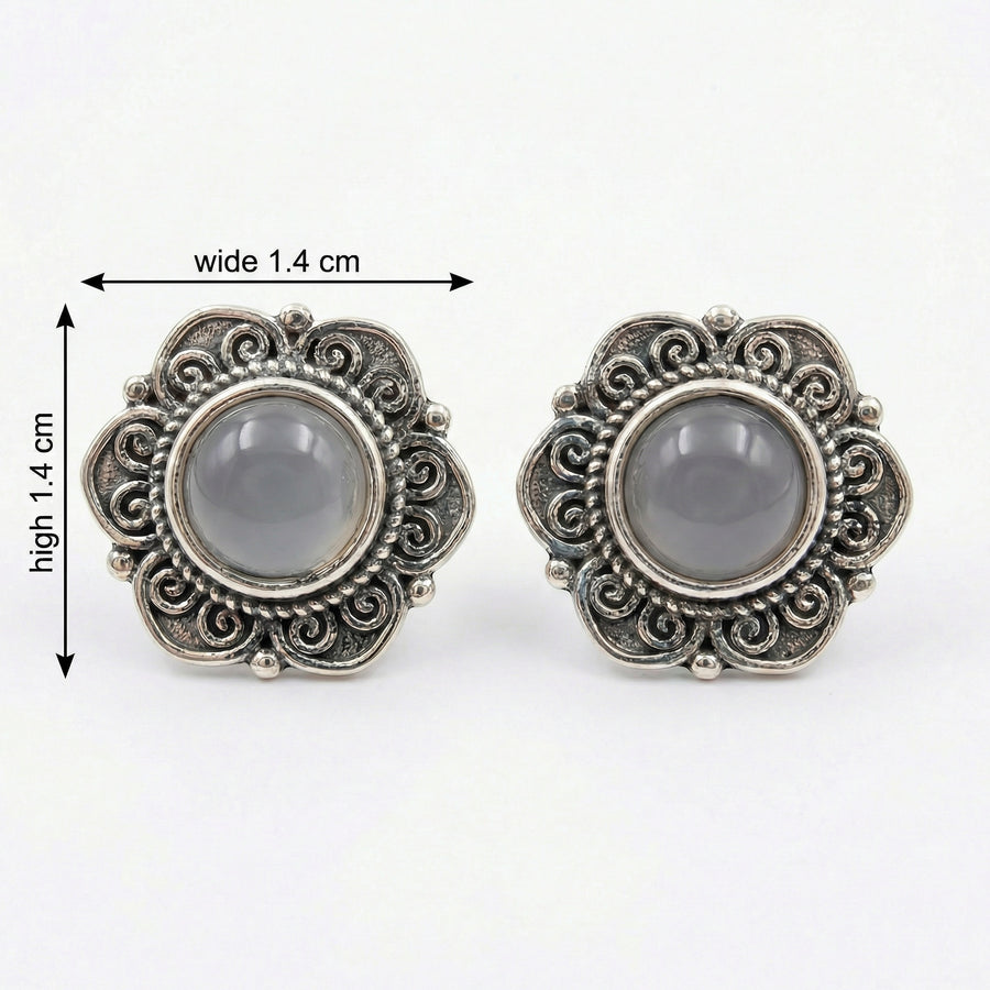 Floral Studs with Grey Cabochon Stones – sterling silver earrings, front view
