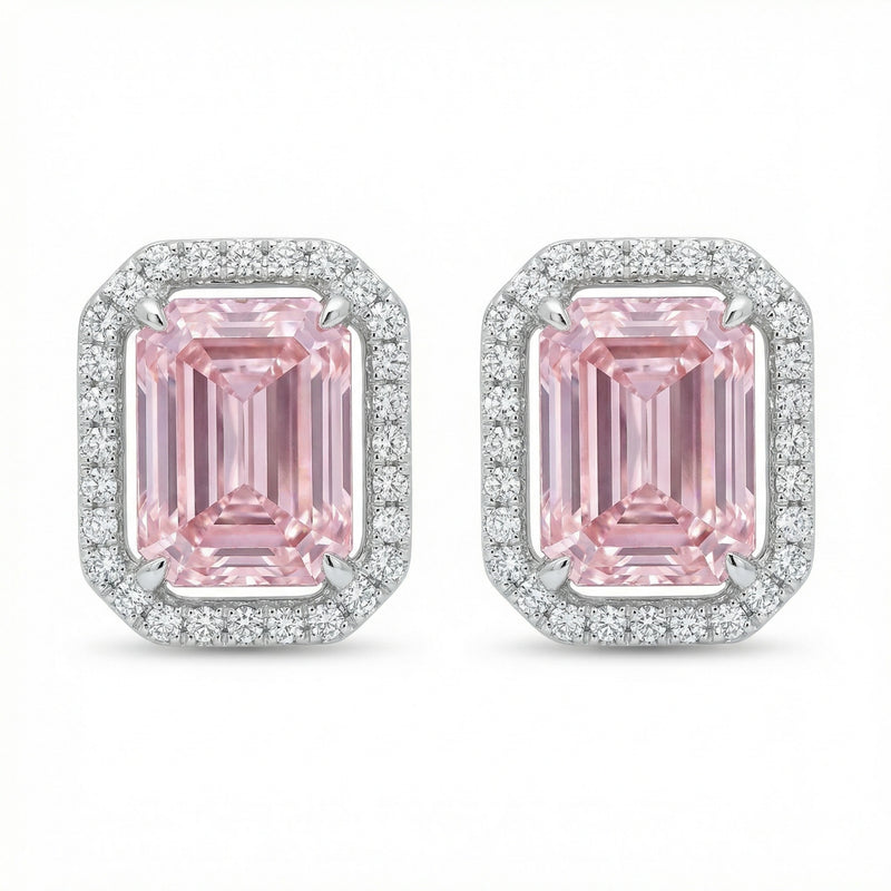Radiant-Cut Halo Stud Earrings – sterling silver earrings, front view