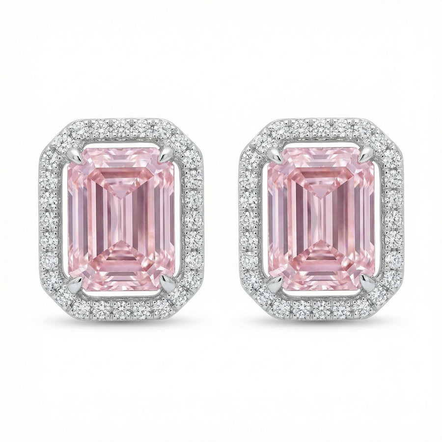 Radiant-Cut Halo Stud Earrings – sterling silver earrings, front view