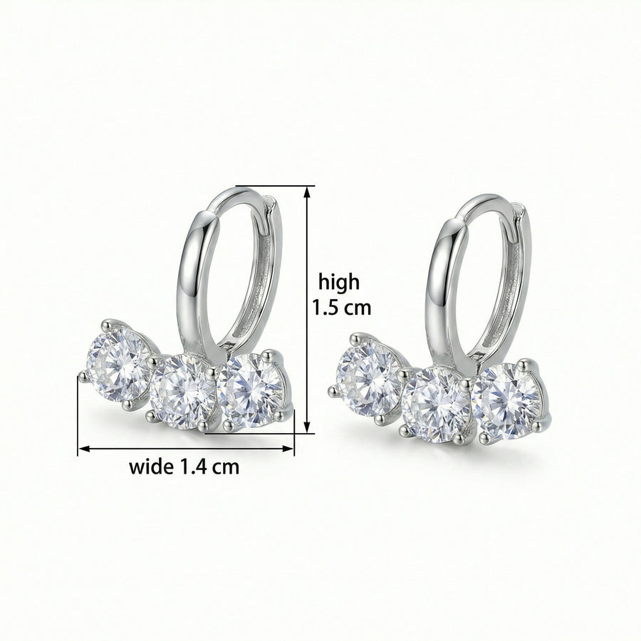 Three-Stone Silver Huggie Hoops – sterling silver earrings, front view