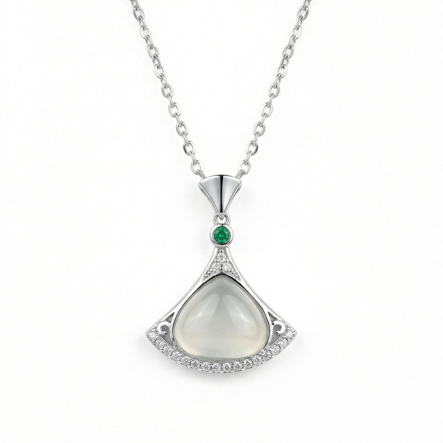 Fan-Shaped Moonstone Emerald Necklace – emerald necklace, front view