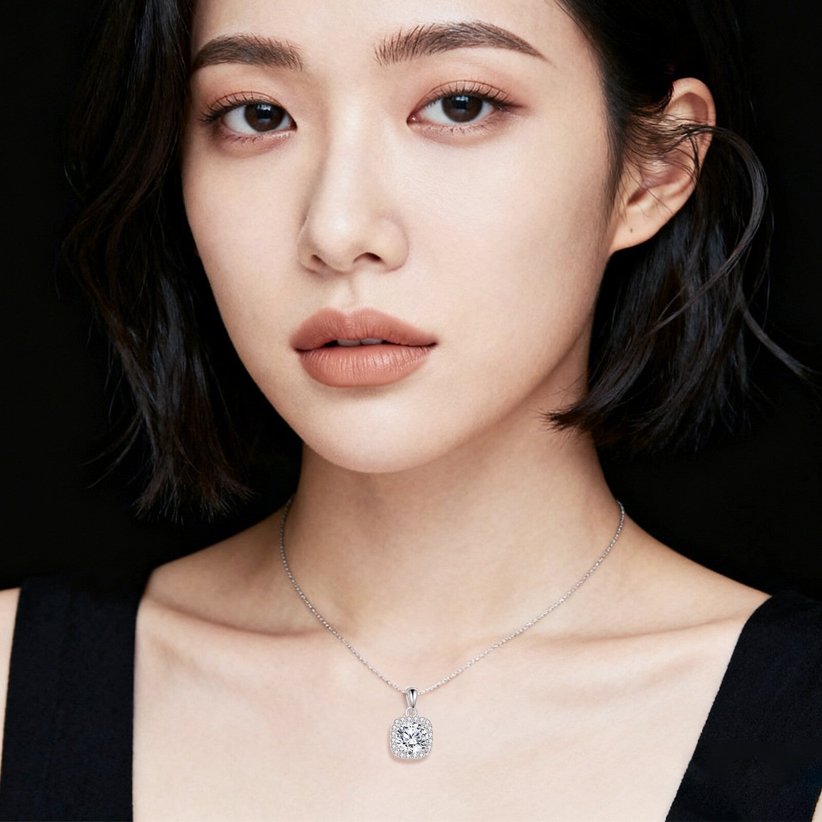 Square Halo Moissanite Necklace – moissanite necklace, styling detail