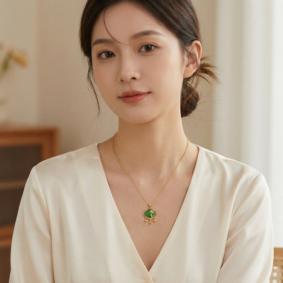 Emerald Green Floral Triple Dangle Necklace – emerald earrings, front view