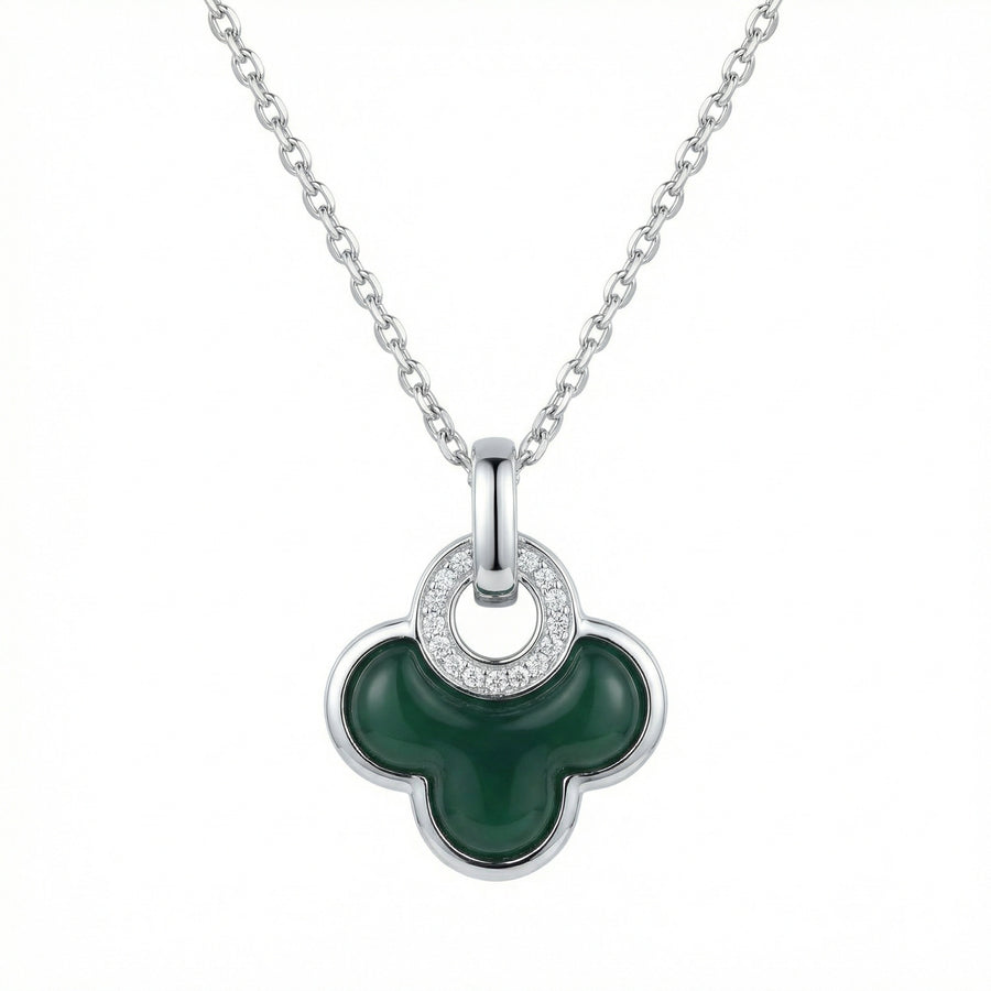 Malachite Clover Pendant Necklace – sterling silver necklace, front view